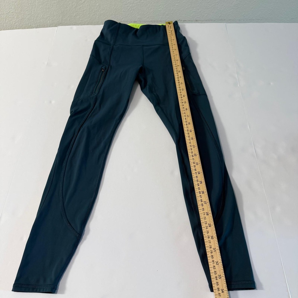 Athleta Rainier Tight Teal Neon Yellow High Rise Leggings‎ Zip Pockets XXS - Picture 15 of 16